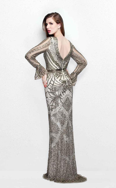 Primavera Couture - Beaded Long Sleeve V-neck Sheath Gown 1724 Special Occasion Dress