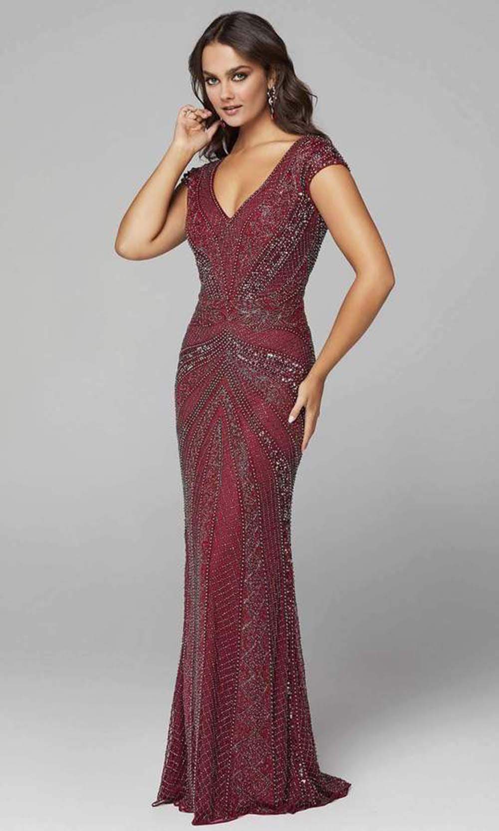 Primavera Couture - 3674SC Fully Embellished V Neck Sheath Gown In Red