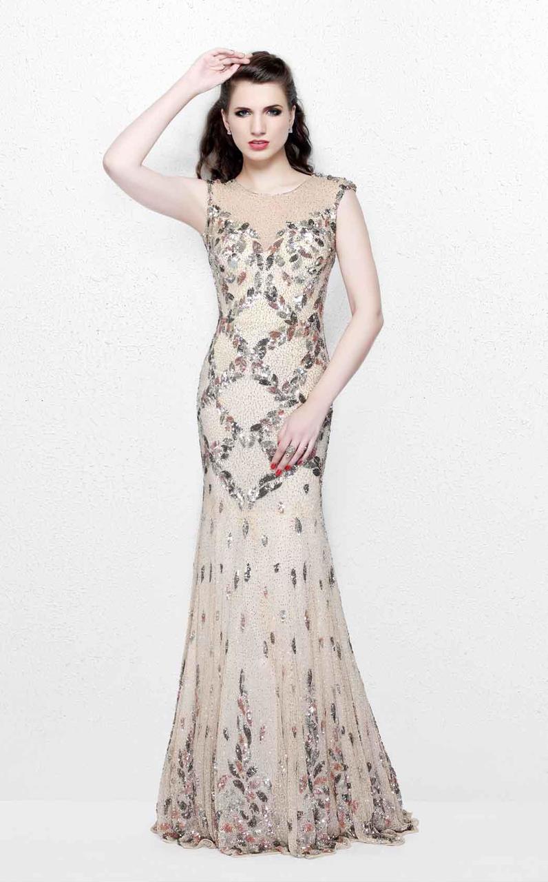 Primavera Couture - Exquisite Multi-Colored Leafy Patterned Long Dress 1812 Special Occasion Dress 0 / Nude