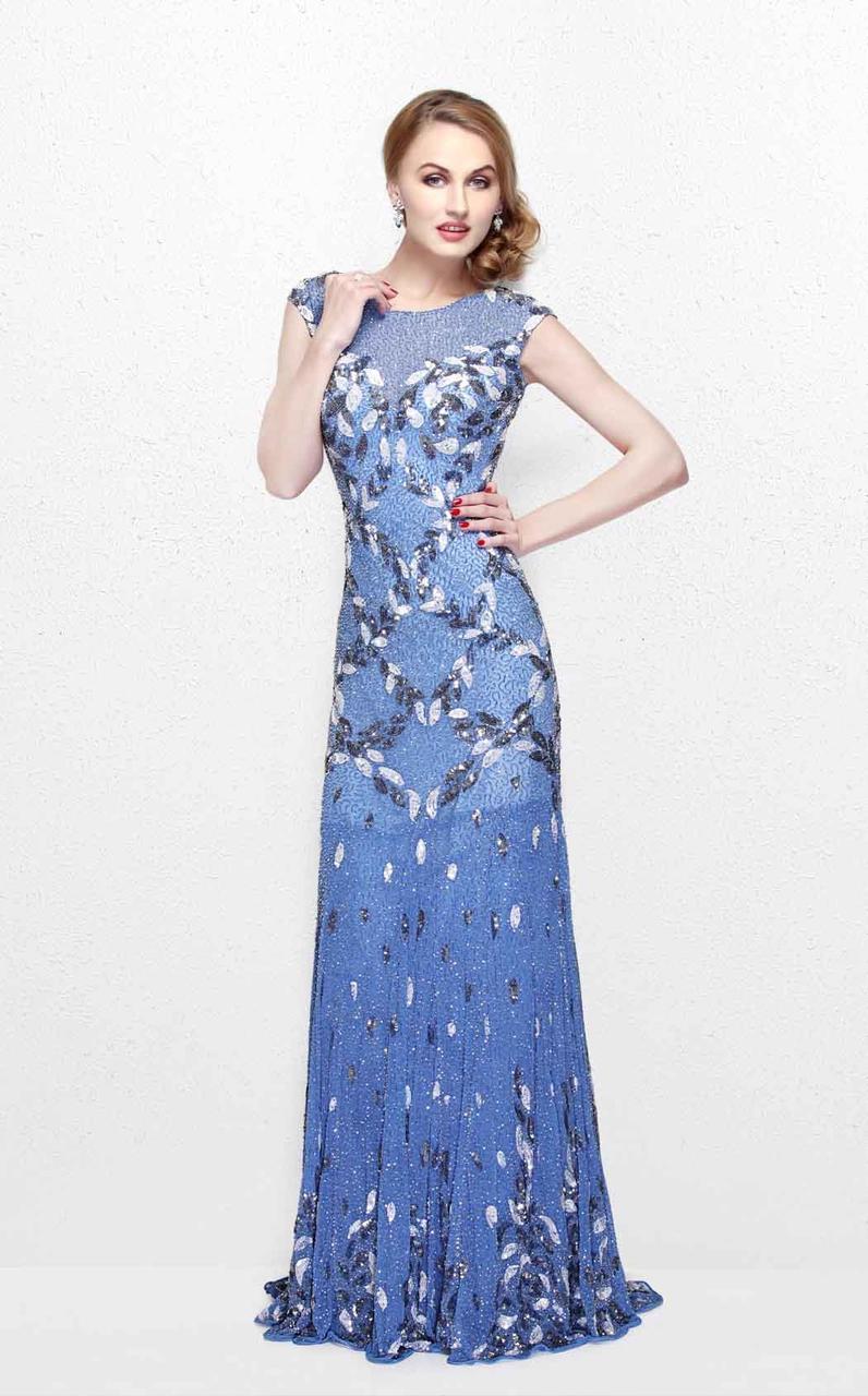 Primavera Couture - Exquisite Multi-Colored Leafy Patterned Long Dress 1812 Special Occasion Dress 0 / Perriwinkle