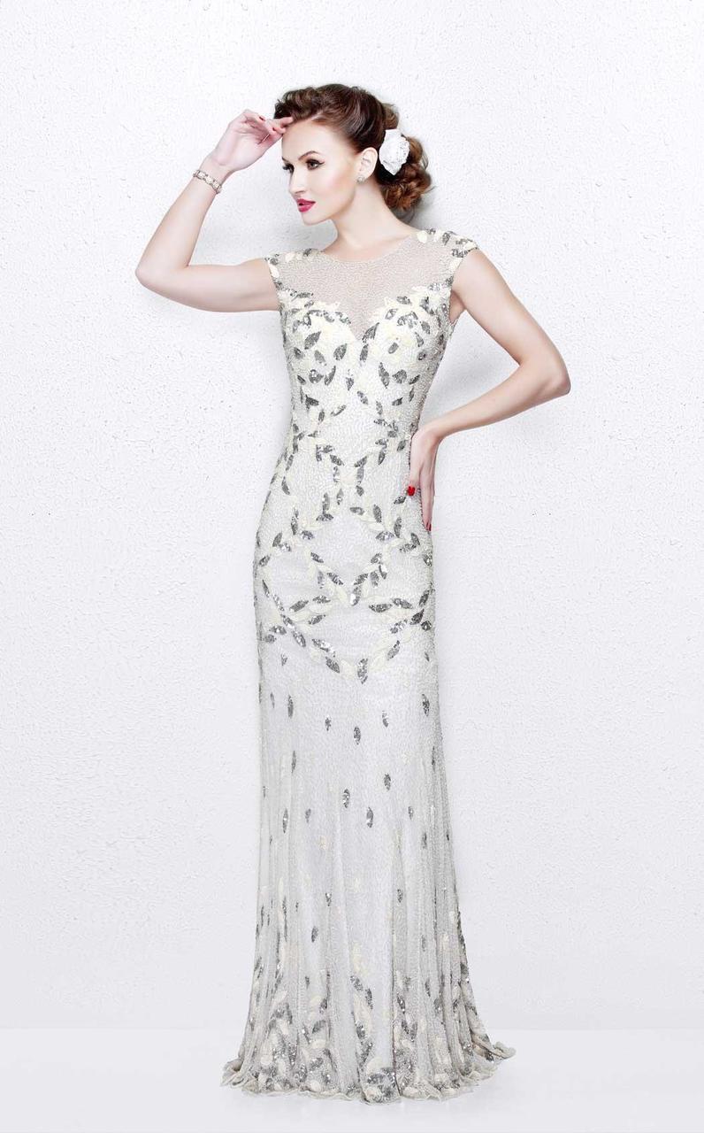 Primavera Couture - Exquisite Multi-Colored Leafy Patterned Long Dress 1812 Special Occasion Dress 0 / White