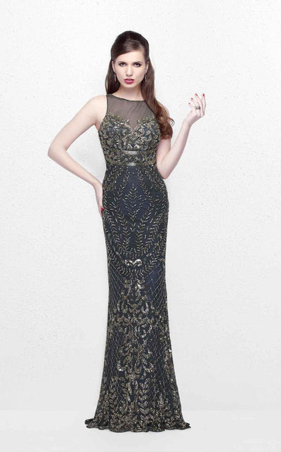 Primavera Couture - Gilded Sequins Bateau Illusion Sheath Gown 1742 Special Occasion Dress 0 / Charcoal