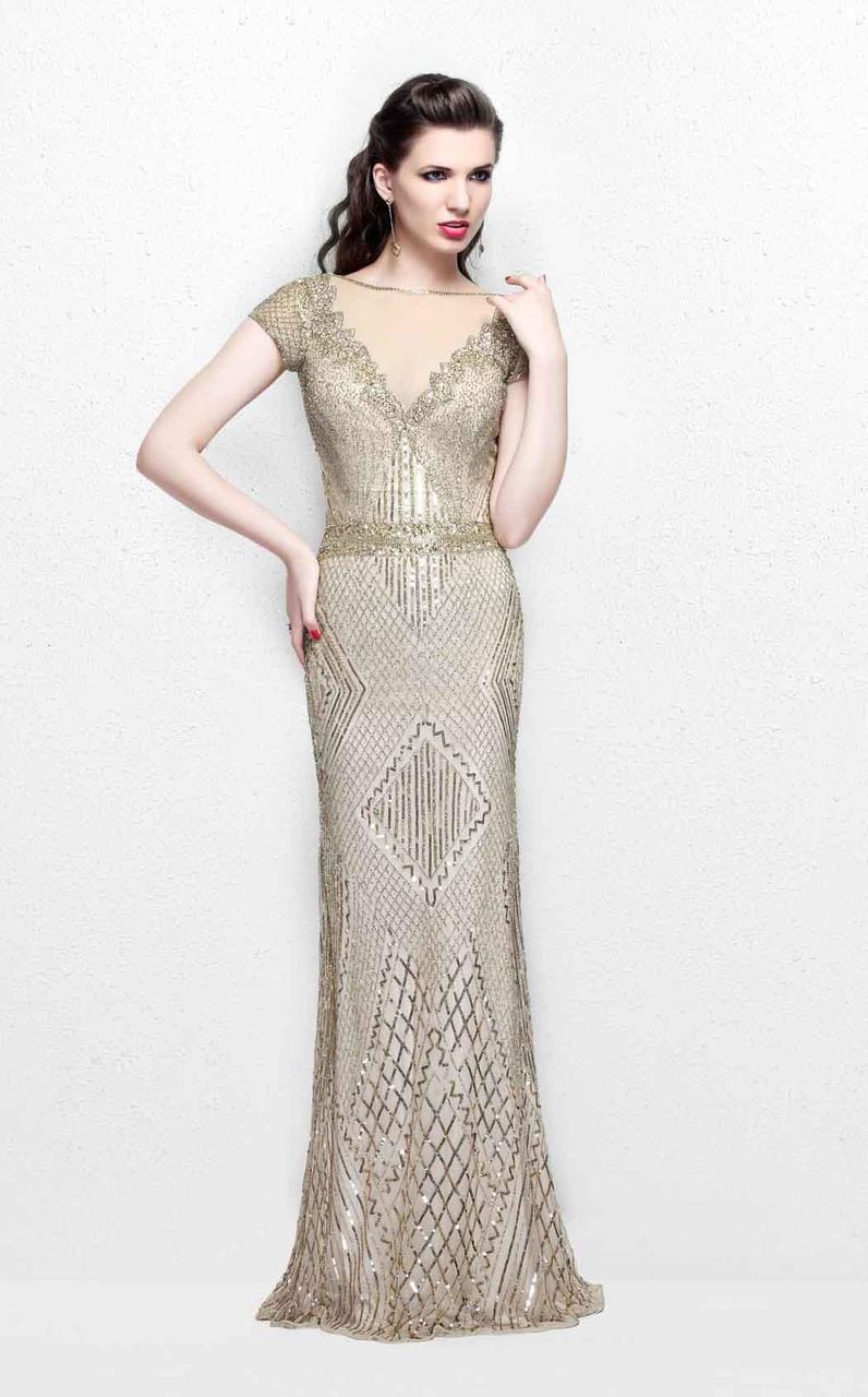 Primavera Couture Illusion Bateau Short Sleeve Beaded Gown - 1 pc Champagne In Size 22 Available CCSALE 22 / Champagne