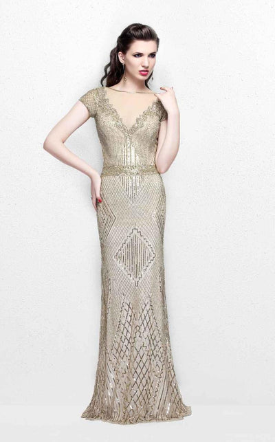 Primavera Couture Illusion Bateau Short Sleeve Beaded Gown - 1 pc Champagne In Size 22 Available CCSALE 22 / Champagne