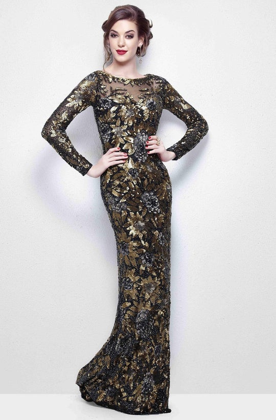Primavera Couture - Bateau Sequin Formal Dress 1401SC In Black and Multi