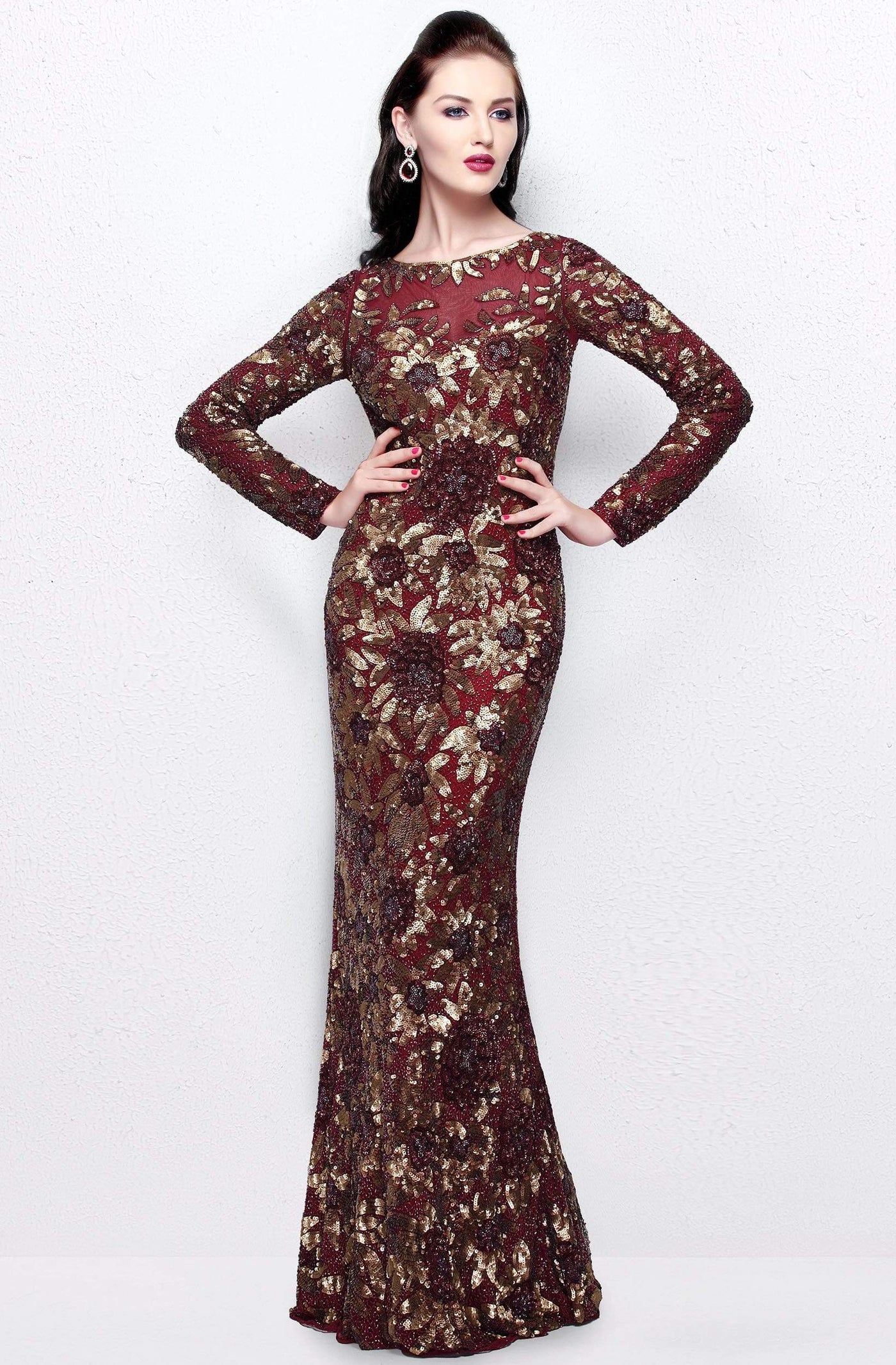 Primavera Couture - Long Sleeve Luxurious Floral Sequined Long Sheath Gown 1401 Mother of the Bride Dresses 0 / Burgundy