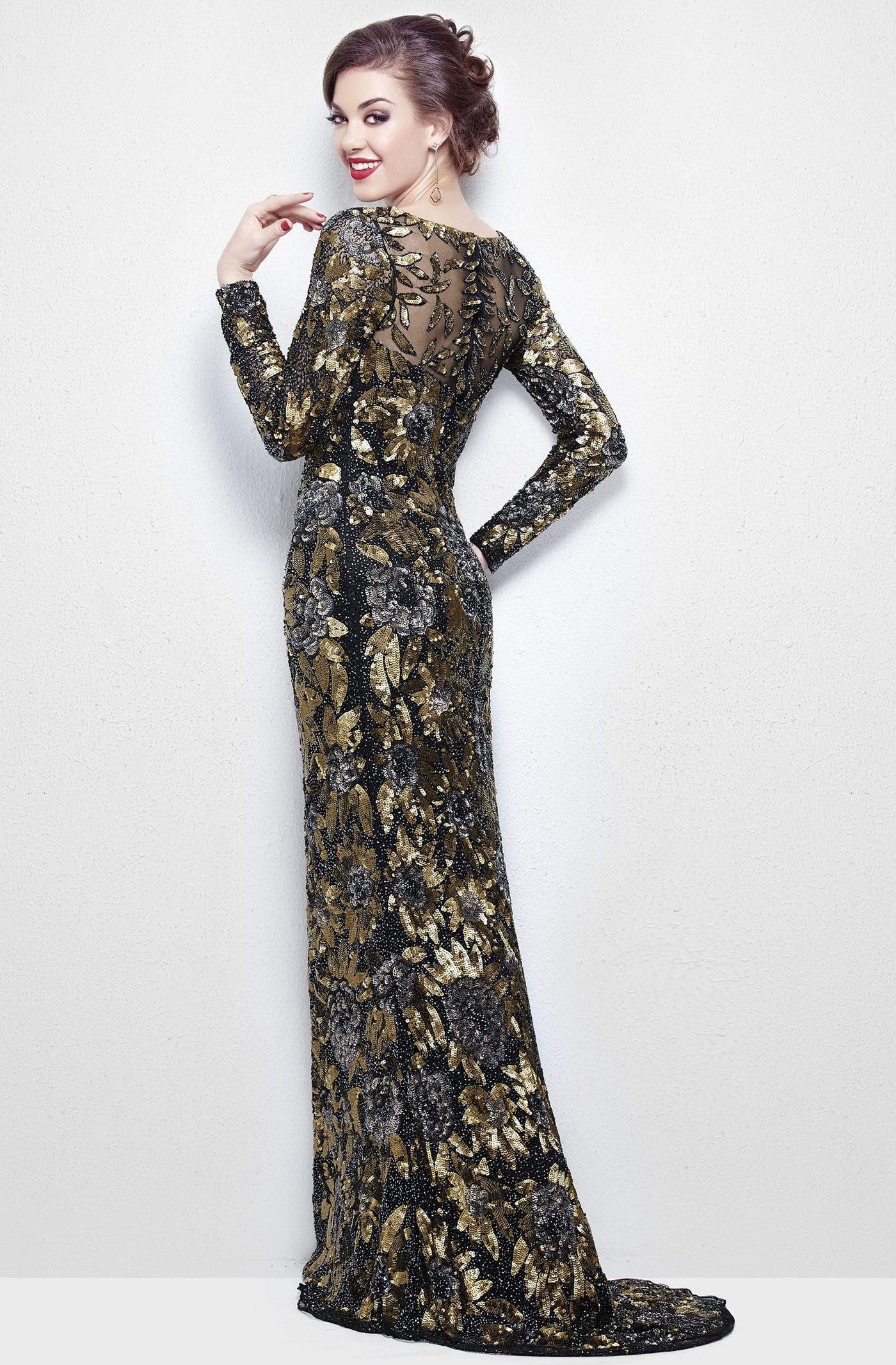 Primavera Couture - Long Sleeve Luxurious Floral Sequined Long Sheath Gown 1401 Mother of the Bride Dresses
