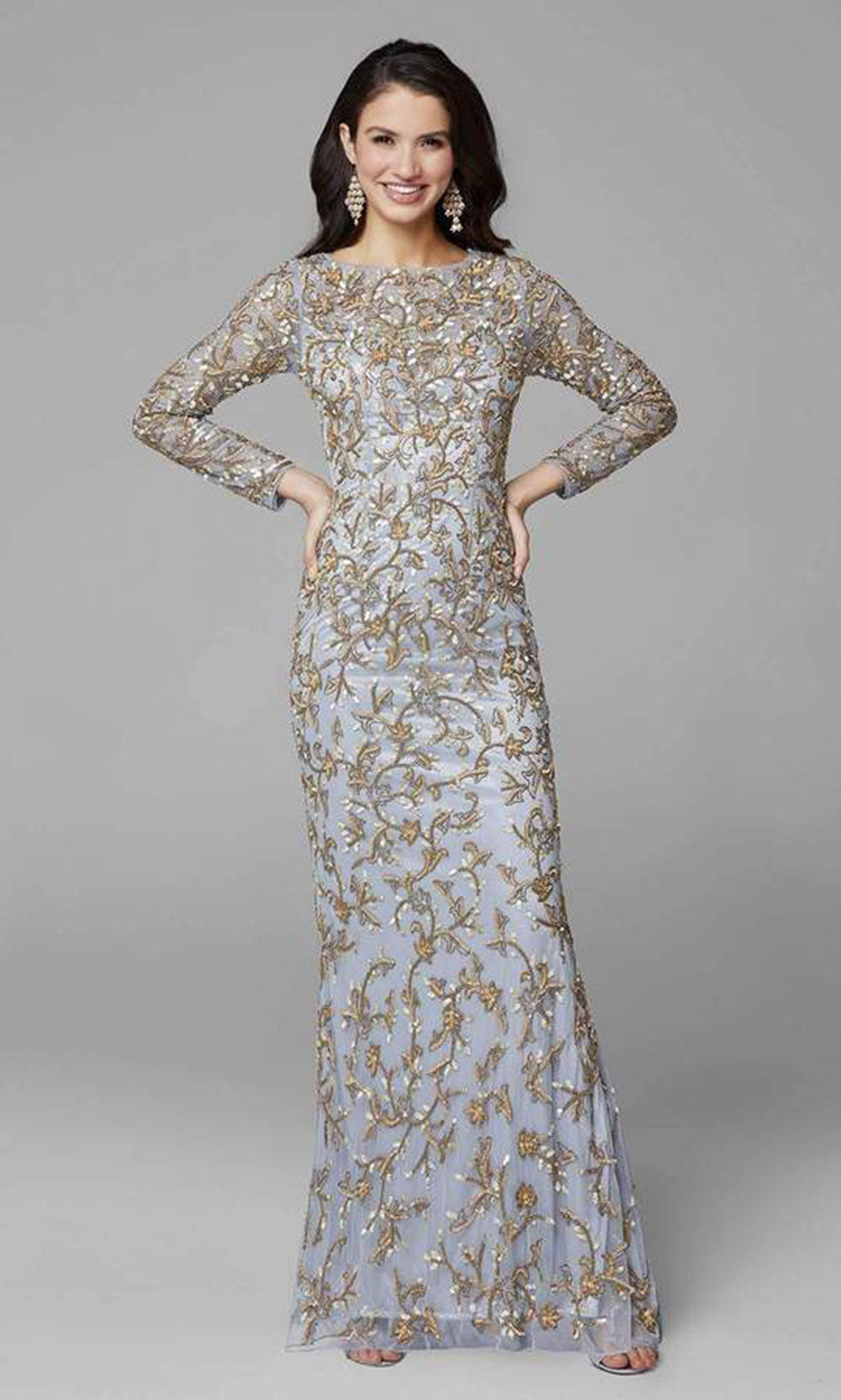Primavera Couture - Ornate Long Sleeves Sheath Dress In Silver and Brown
