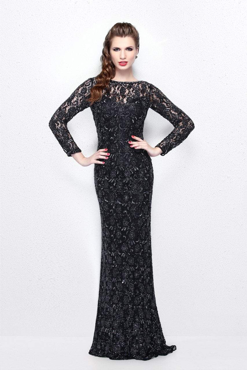 Primavera Couture - Posh Beaded Lace Bateau Illusion Sheath Gown 1710 Special Occasion Dress 0 / Black