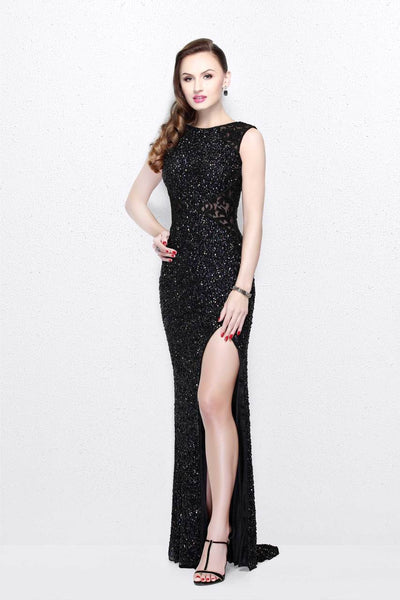 Primavera Couture - Shimmering Lace Bateau Cap Sleeve Sheath Gown 1877 Special Occasion Dress 0 / Black