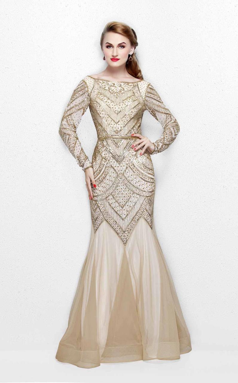 Primavera Couture - Stunning Beaded Long Sleeve Mermaid Gown 1725 Special Occasion Dress 0 / Gold