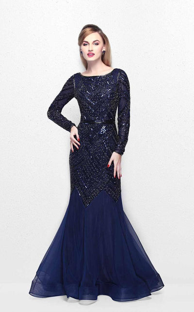 Primavera Couture - Stunning Beaded Long Sleeve Mermaid Gown 1725 Special Occasion Dress 0 / Midnight