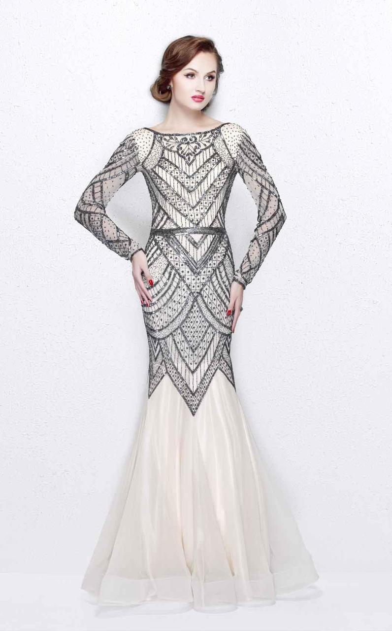 Primavera Couture - Stunning Beaded Long Sleeve Mermaid Gown 1725 Special Occasion Dress 0 / Nude Gunmetal