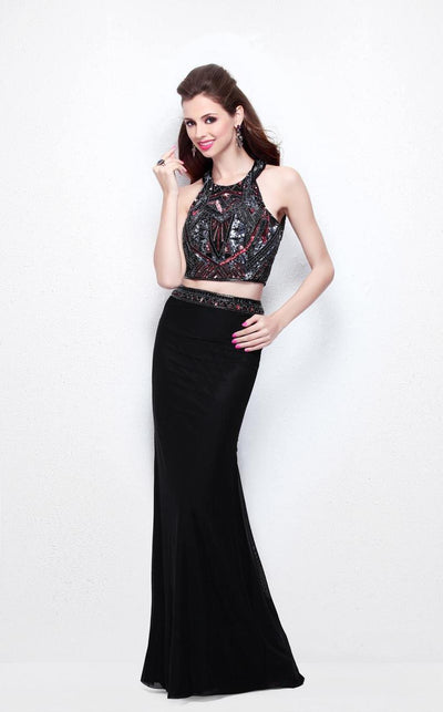 Primavera Couture - Two-Piece Sequined Halter Neck Jersey Sheath Gown 1594 Special Occasion Dress 0 / Black/Red