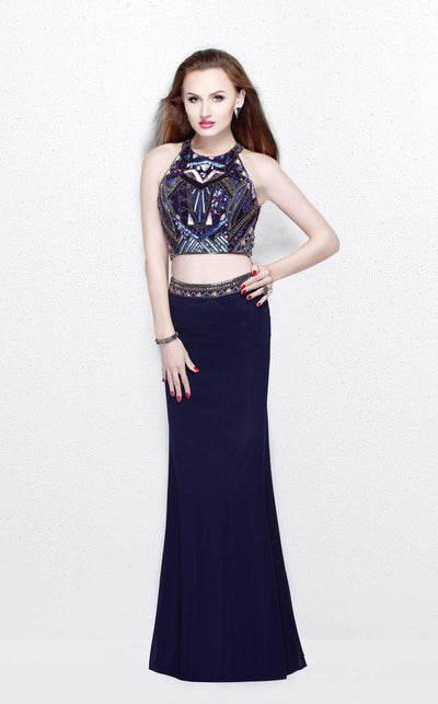 Primavera Couture - Two-Piece Sequined Halter Neck Jersey Sheath Gown 1594 Special Occasion Dress 0 / Navy Multi