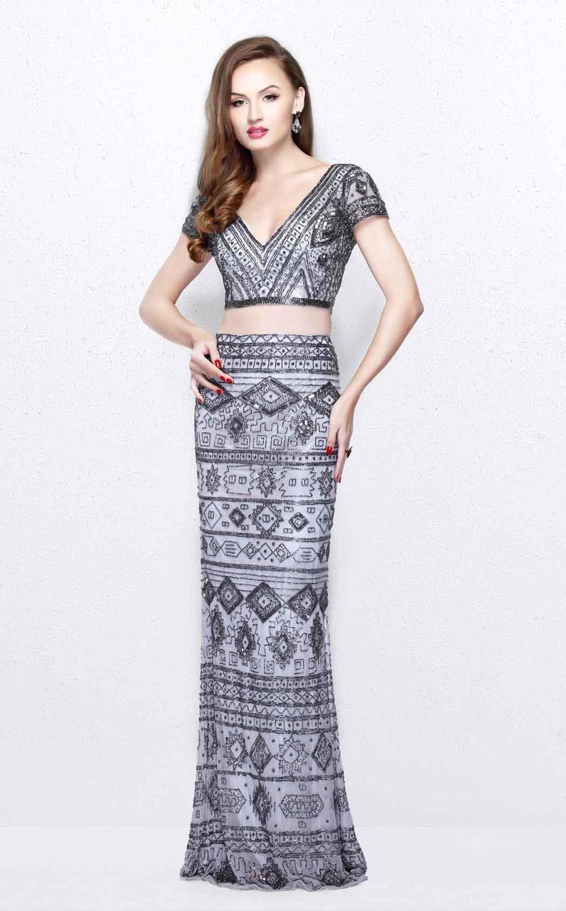 Primavera Couture - Two Piece V-Neck Long Dress 1864 Special Occasion Dress 0 / Platinum