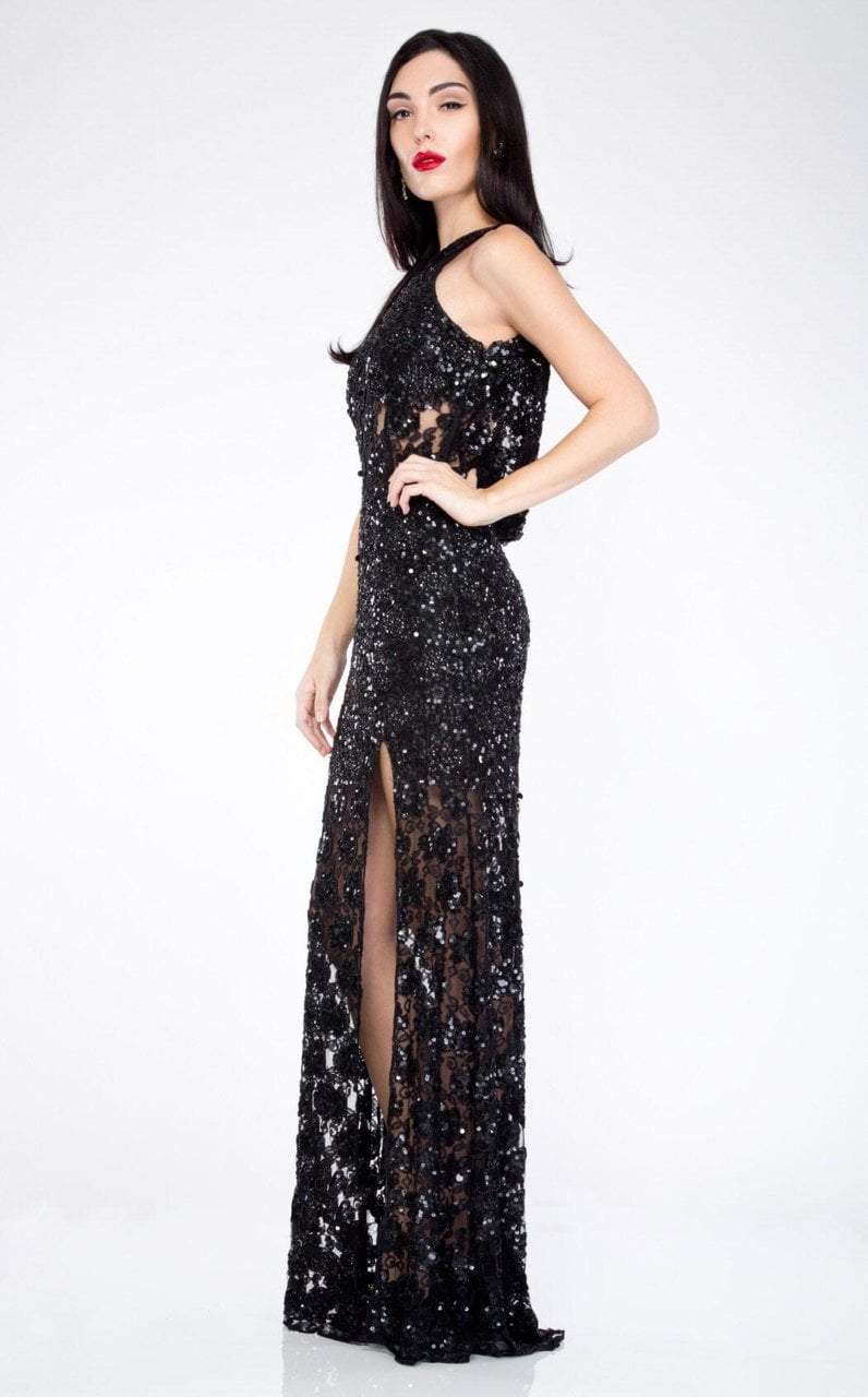 Primavera Couture - 9805 Cowl Back Halter Sequin Embellished Gown in Black