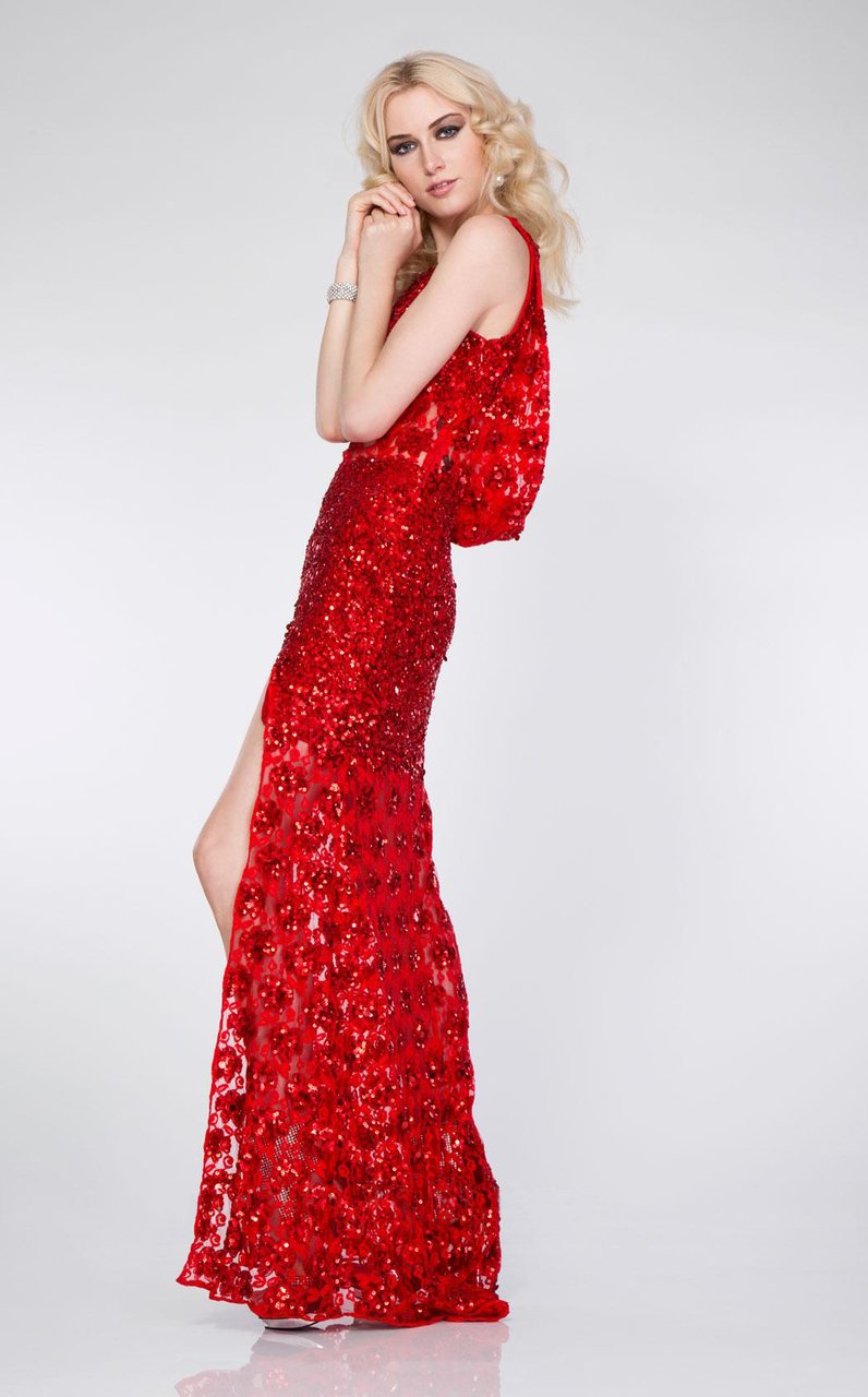 Primavera Couture - 9805 Cowl Back Halter Sequin Embellished Gown in Red