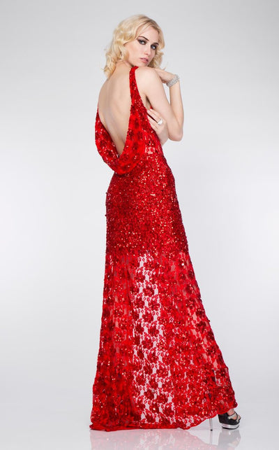 Primavera Couture - 9805 Cowl Back Halter Sequin Embellished Gown in Red