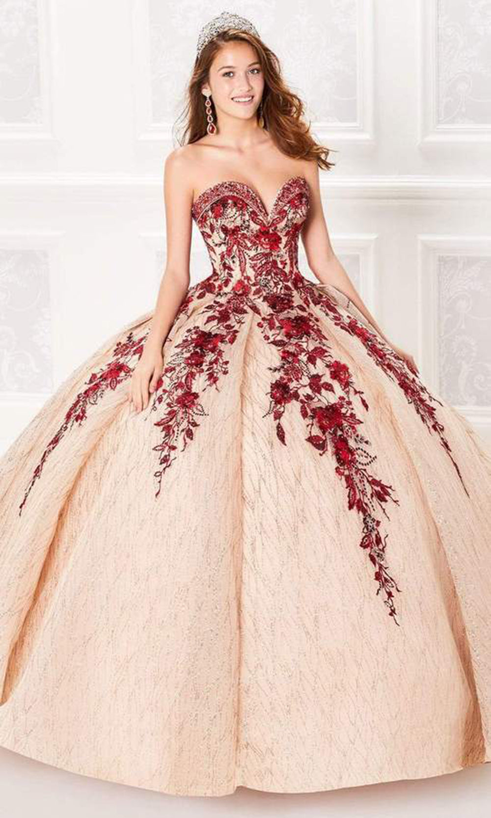 Princesa by Ariana Vara - Floral Embroidered Ballgown In Gold and Red