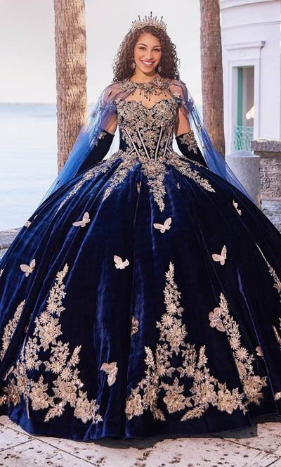 Princesa by Ariana Vara PR30136 - Embroidered Velvet-Made Ballgown Special Occasion Dress 00 / Navy/Gold