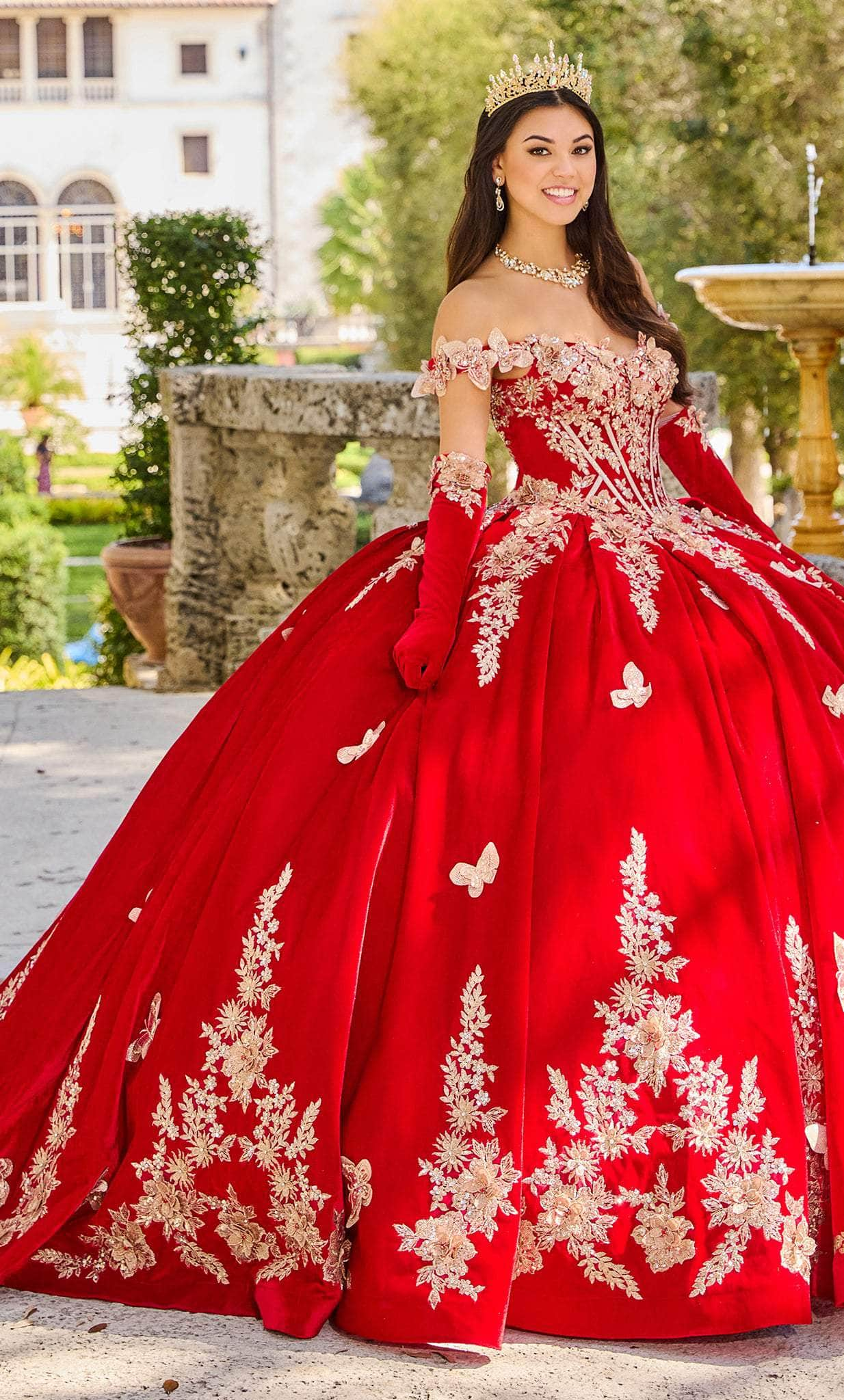 Princesa by Ariana Vara PR30136 - Embroidered Velvet-Made Ballgown Special Occasion Dress 00 / Scarlet Red/Gold