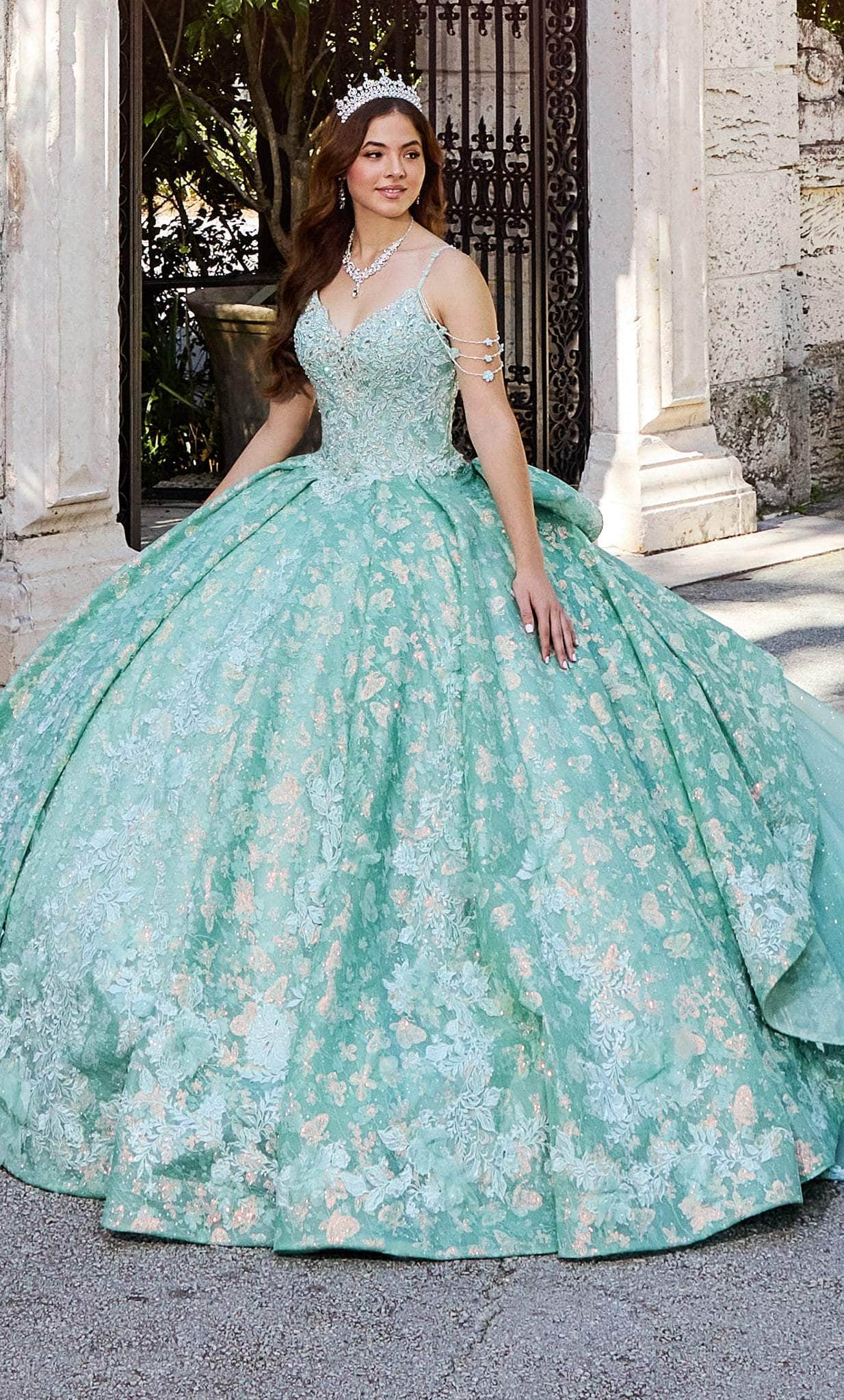 Princesa by Ariana Vara PR30139 - Bolero-Attached Floral Ball Gown Special Occasion Dress 00 / Wintermint