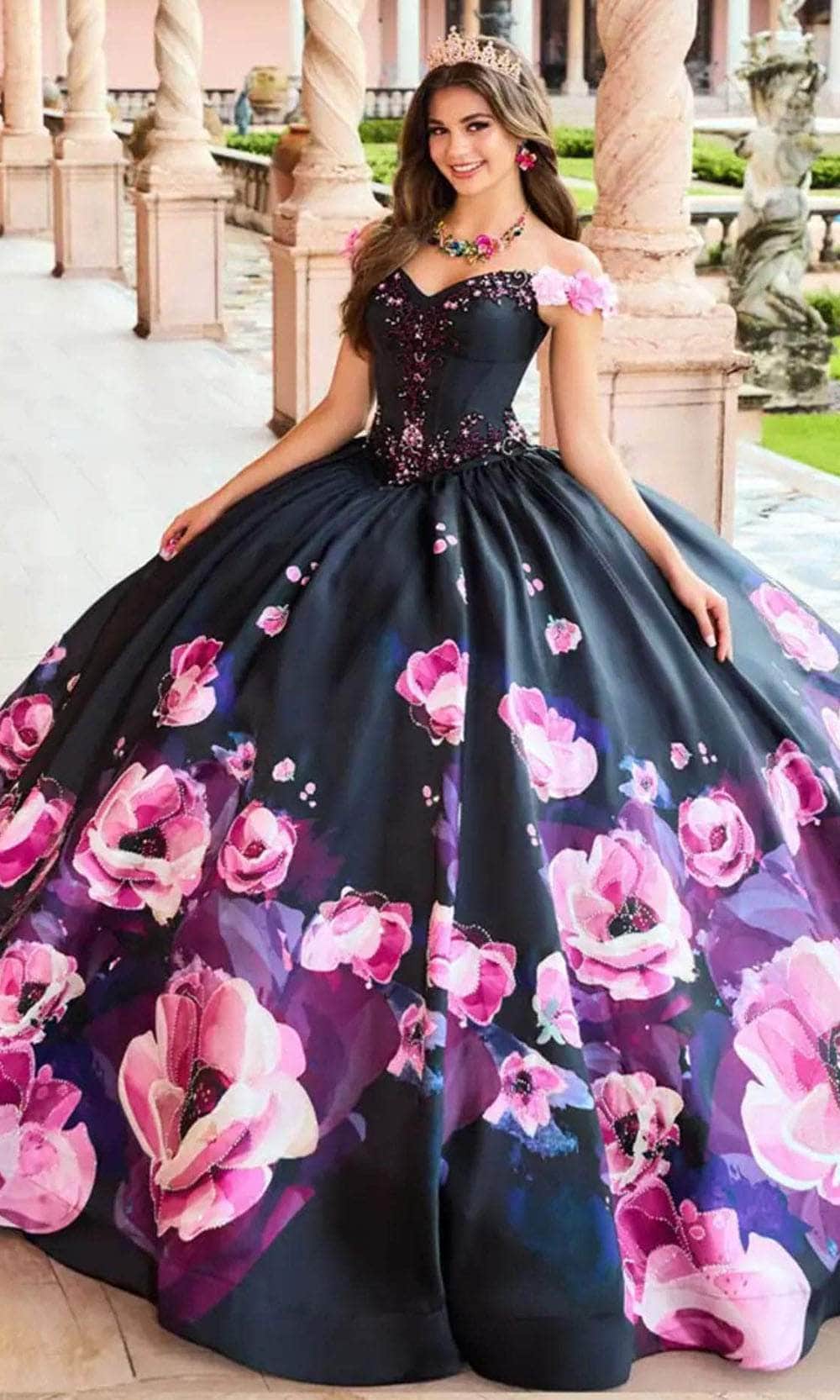Princesa by Ariana Vara PR30151 - Three Dimensional Flowers Removable Train Gown Prom Dresses 00 / Black/Pink