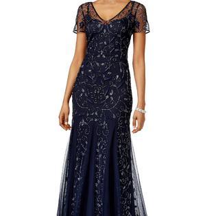 Adrianna Papell - 91918840 Beaded Illusion V-neck Sheath Dress in Blue