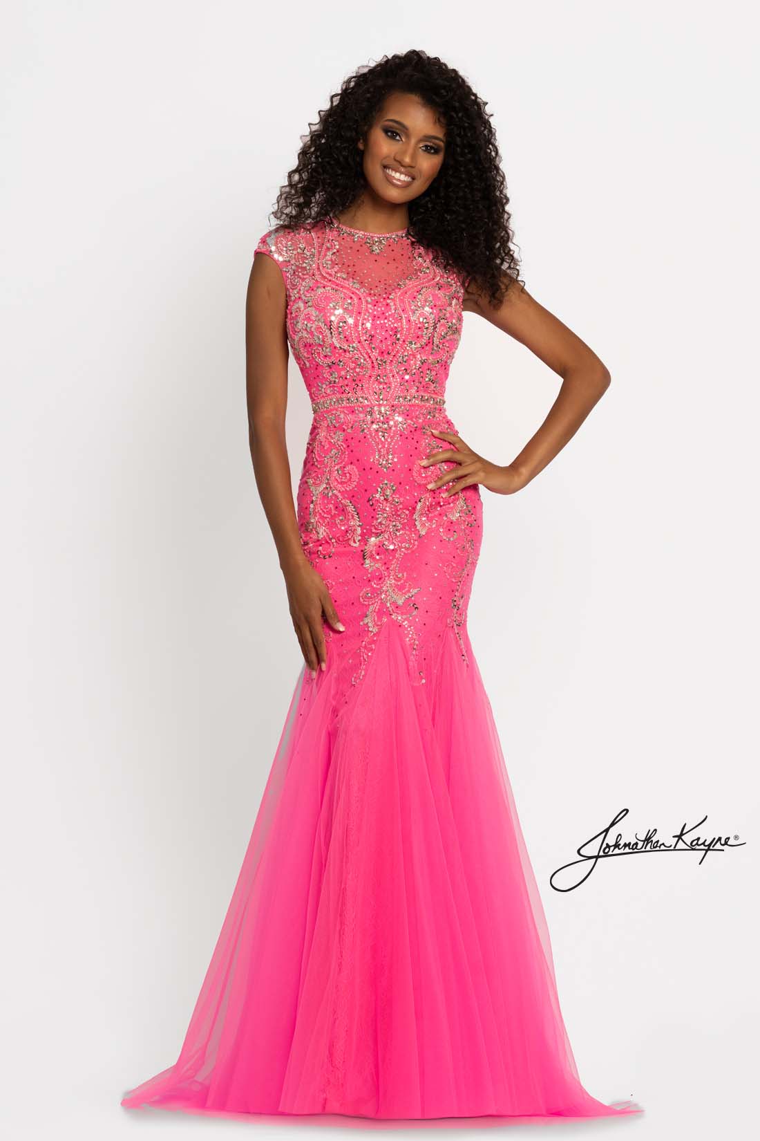 Johnathan Kayne - 9039SC Cap Sleeve Bejeweled Applique Dress