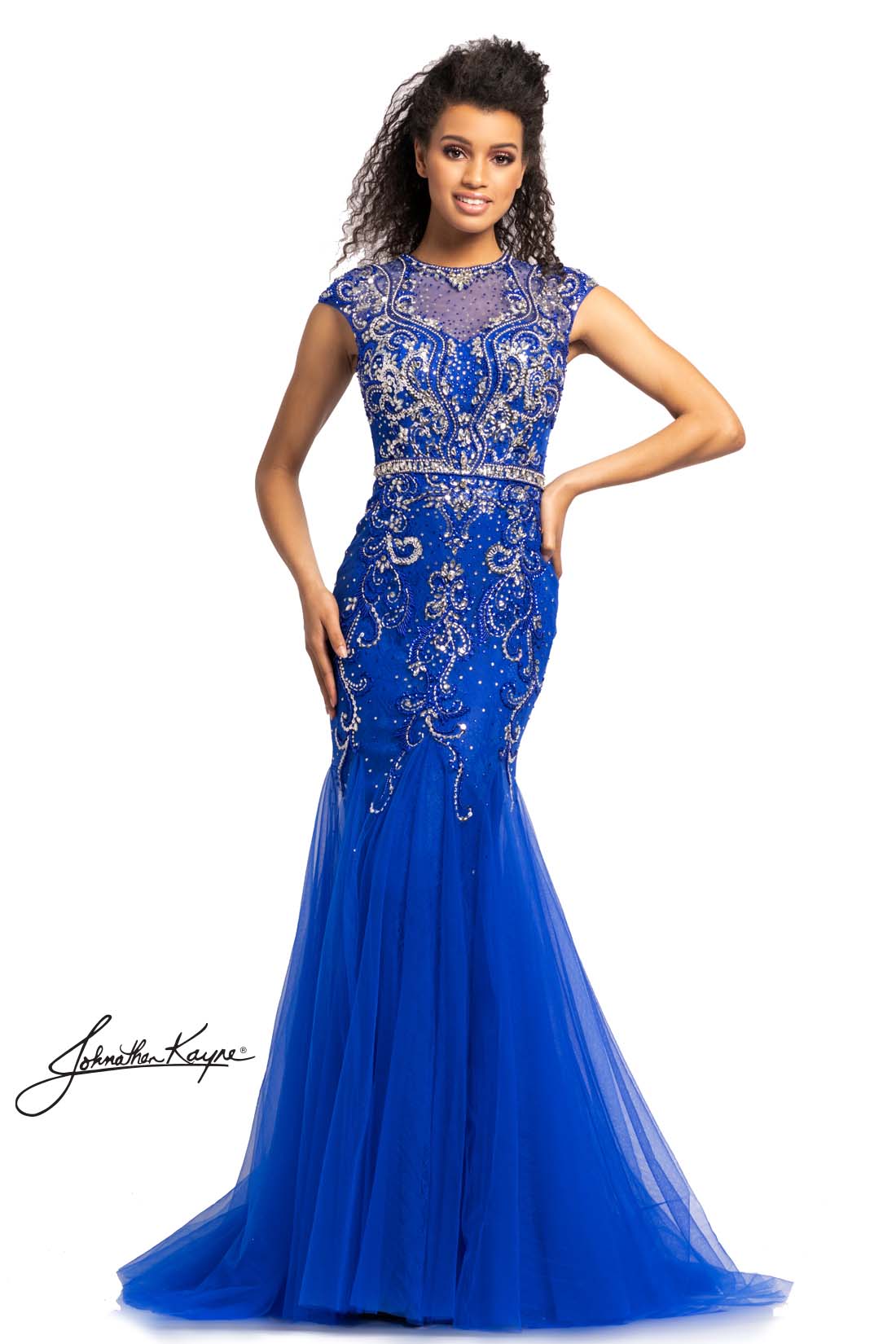 Johnathan Kayne - 9039SC Cap Sleeve Bejeweled Applique Dress