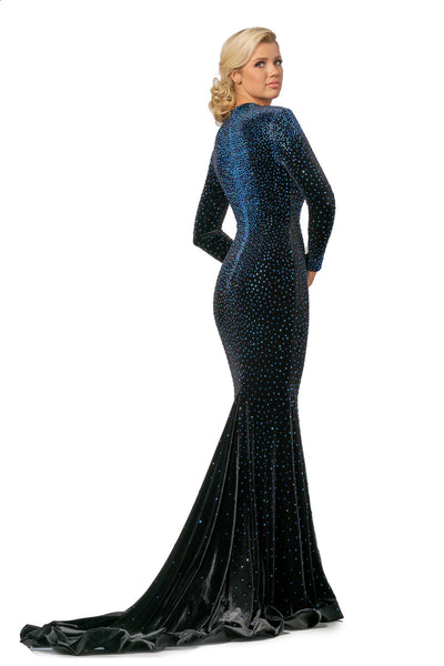 Johnathan Kayne - 2045SC Crystal Studded Front Zip V Neck Velvet Gown
