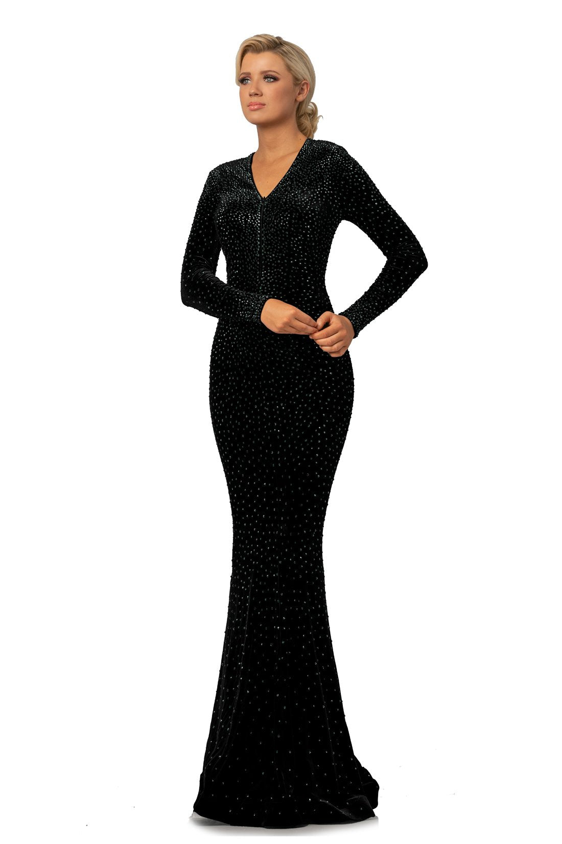 Johnathan Kayne - 2045SC Crystal Studded Front Zip V Neck Velvet Gown