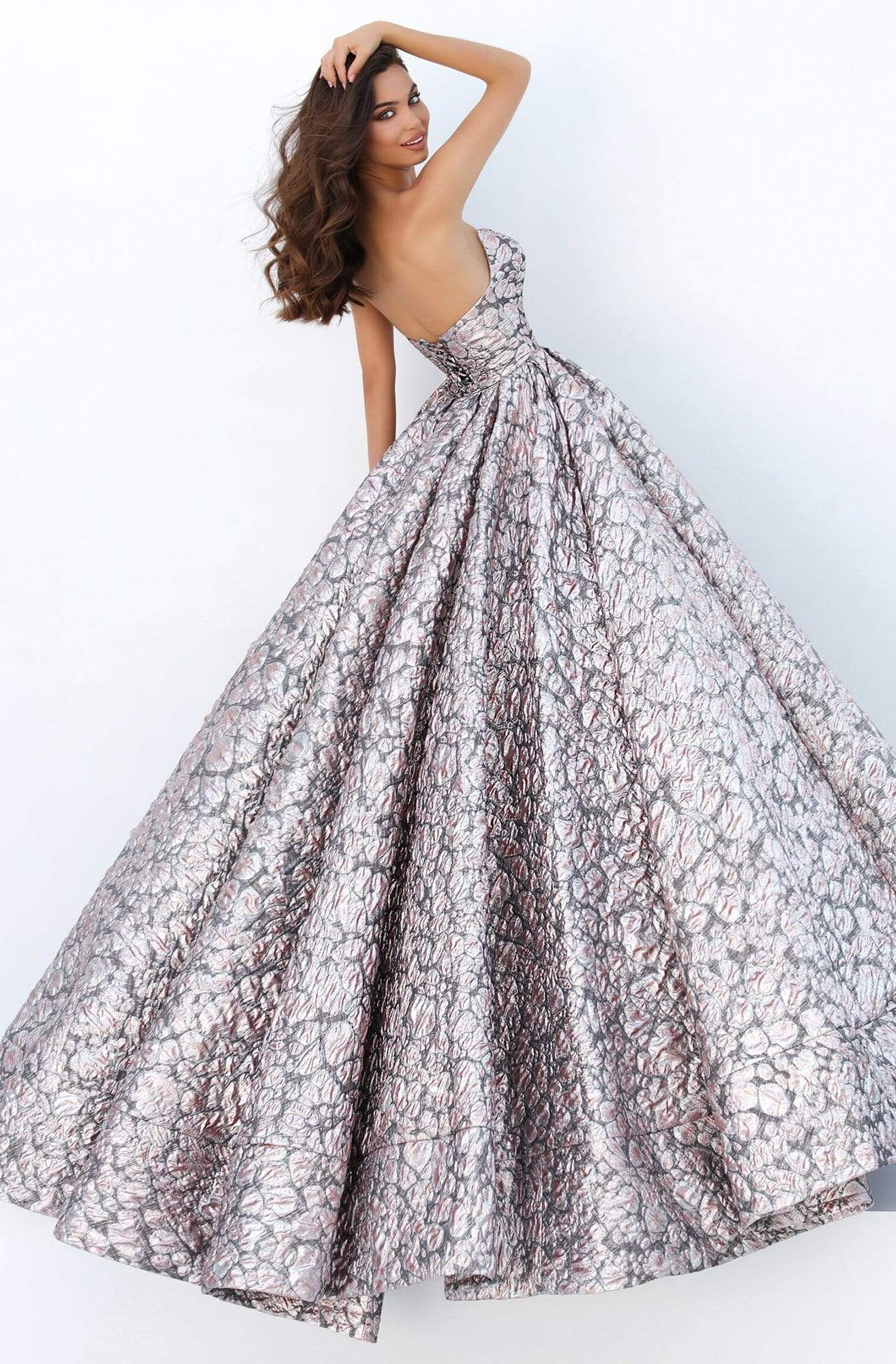 Tarik Ediz - 93878 Strapless Plunging V-Neck Ballgown Ball Gowns 0 / Silver/Salmon