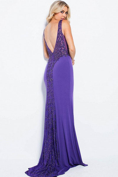 Jovani - JVN58124 Sleeveless Deep V-neck Embellished Sheath Dress in Purple