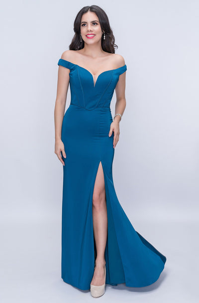 Nina Canacci - 1416 Plunging Off Shoulder High Slit Gown In Blue