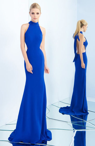 Ieena Duggal - 25403I Ribbon Accented High Halter Gown in Blue