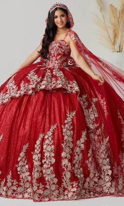 Quinceanera Collection 26020C - Strapless With Cape Ball Gown Special Occasion Dress 0 / Red/Silver