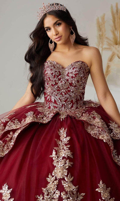 Quinceanera Collection 26033 - Strapless Tiered Ballgown Quinceanera Dresses 0 / Burgundy/Rose Gold