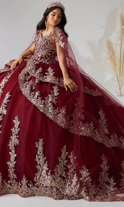 Quinceanera Collection 26033C - Sheer Caped Ballgown Quinceanera Dresses 0 / Burgundy/Rose Gold