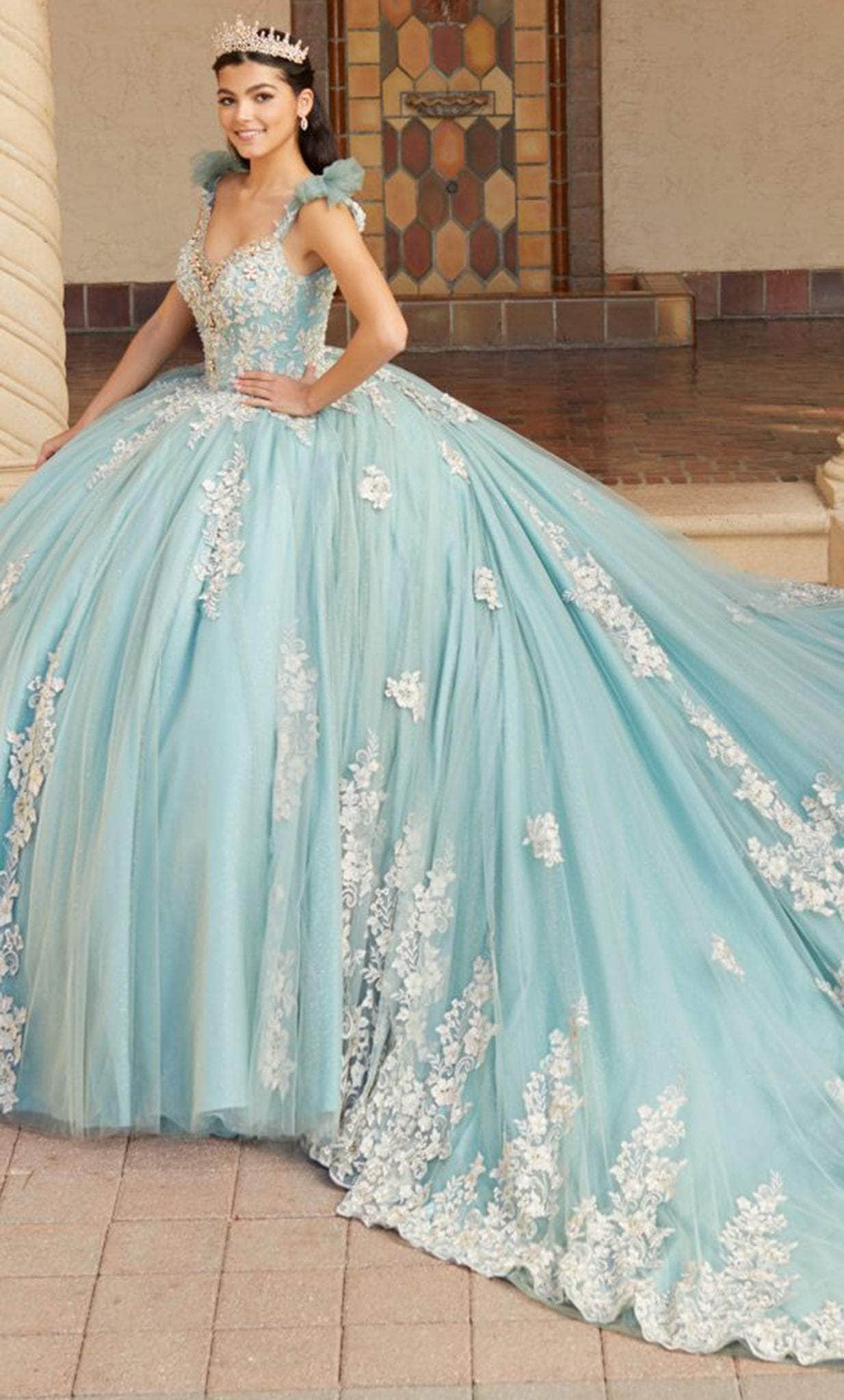 Quinceanera Collection 26059 - V-Neck Embroidered Ballgown Quinceanera Dresses 0 / Seafoam/Champagne