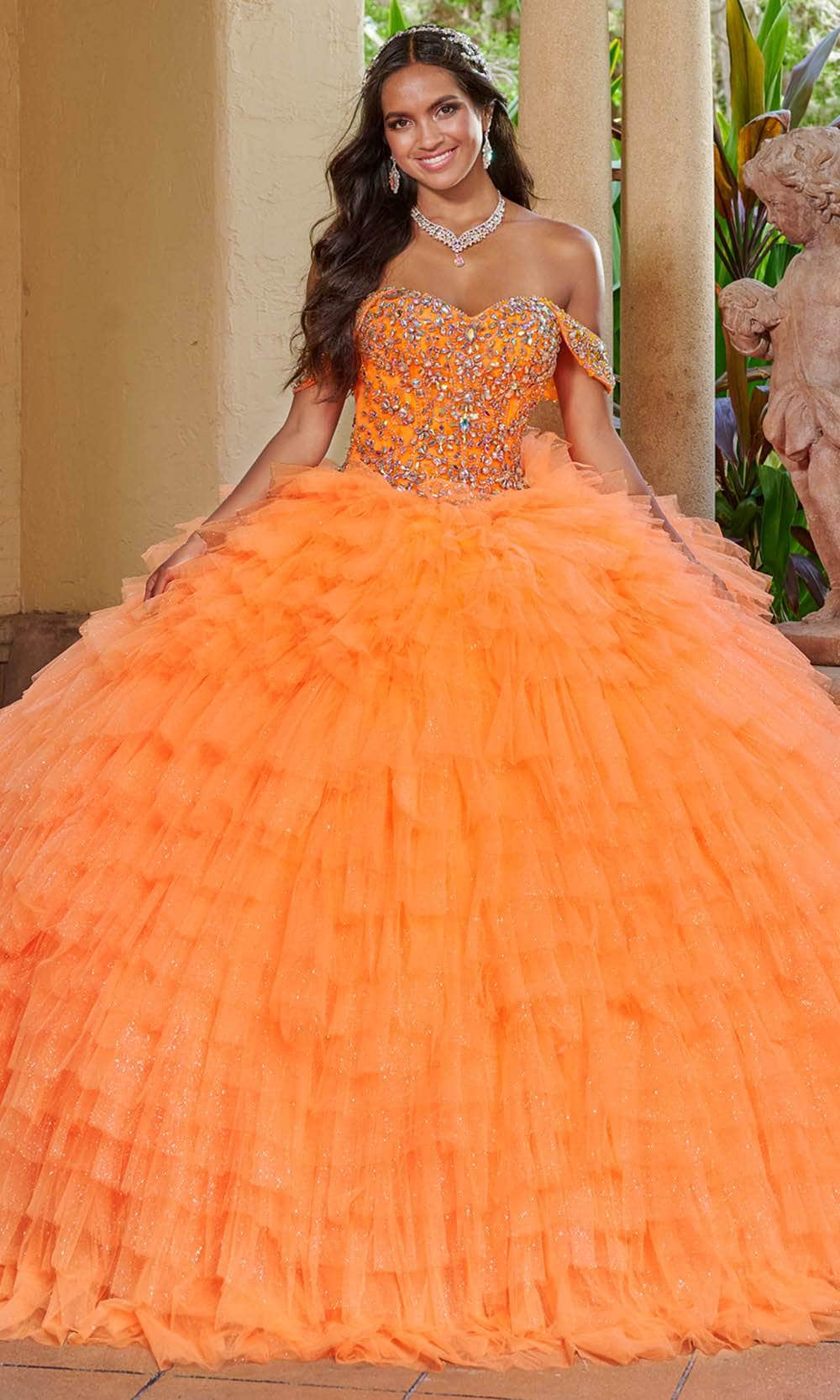 Quinceanera Collection 26081 - Embellished Off-Shoulder Ballgown Ball Gowns 0 / Neon Orange