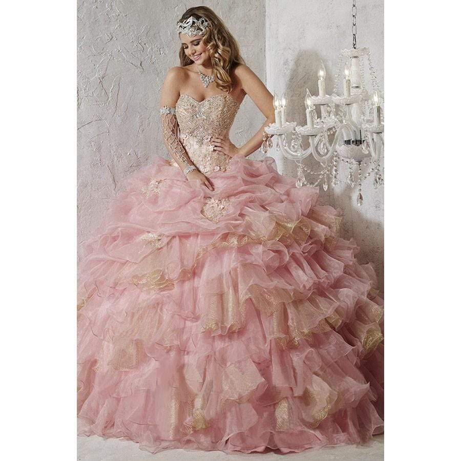 Quinceanera Collection - 26781 Floral Applique And Beaded Ballgown Special Occasion Dress 0 / Champagne/Pink/Gold