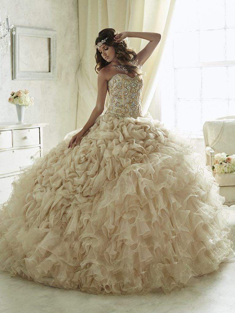 Quinceanera Collection - 26816 Beaded Strapless Tulle Ballgown Special Occasion Dress 0 / Gold