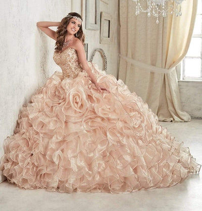Quinceanera Collection - 26839 Beaded Corset Rosette Ruffles Ballgown Special Occasion Dress 0 / Champagne