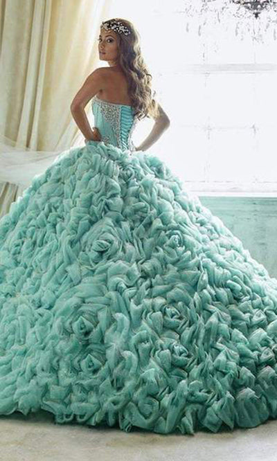 Quinceanera Collection - Crystal Beaded Rosette Ruffle Ballgown In Green