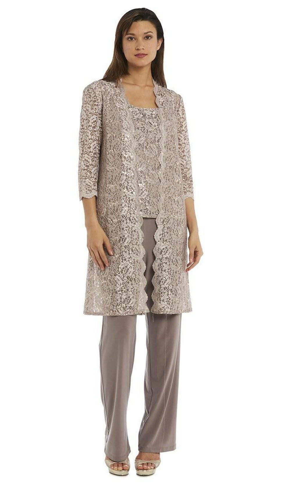 R&M Richards - 1993P Metallic Lace and Long-Line Jacket Three-piece Petite Pant Set - 1 pc Champagne In Size 12P Available CCSALE 12P / Champagne