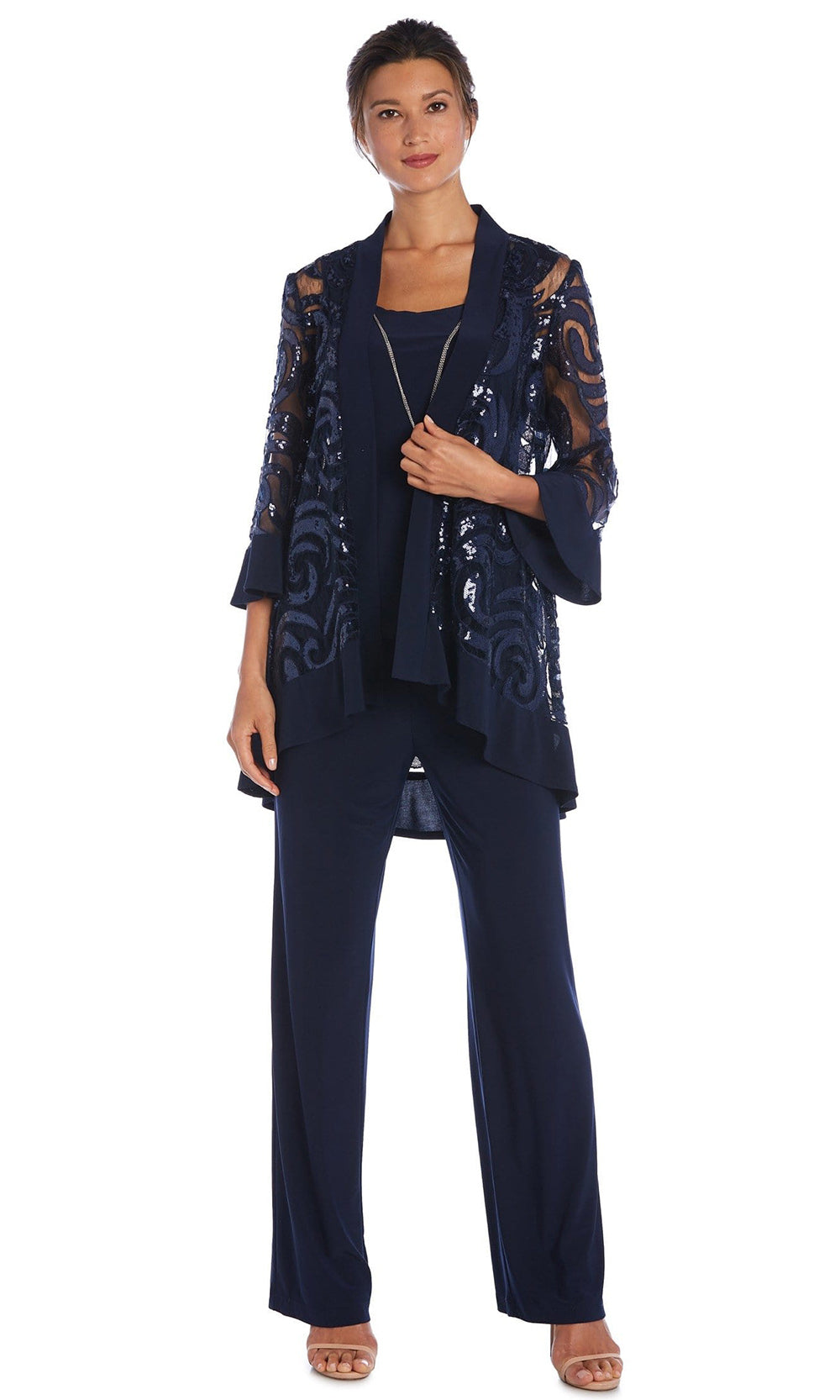 R&M Richards - 2343 Three Piece Trouser with Sequin Embellished Sheer Jacket In Blue