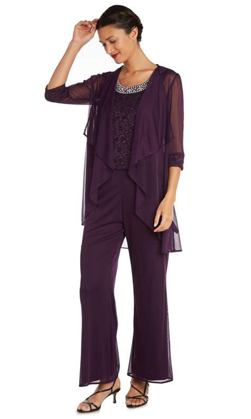R&M Richards - 5008P Three-Piece Pant Set with Lace, Pearl Detail and Sheer Cardigan
