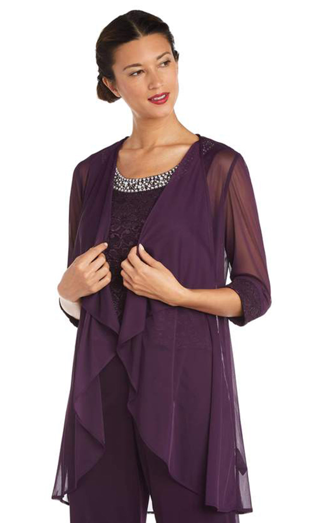 R&M Richards - 5008P Three-Piece Pant Set with Lace, Pearl Detail and Sheer Cardigan